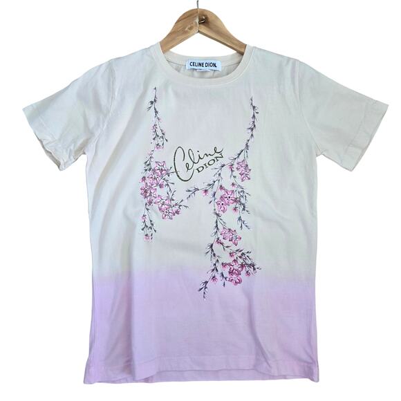 Celine Dion Tops - Vintage Y2K Celine Dion T-shirt Womens Size M Floral Rhinestone Cream Pink
